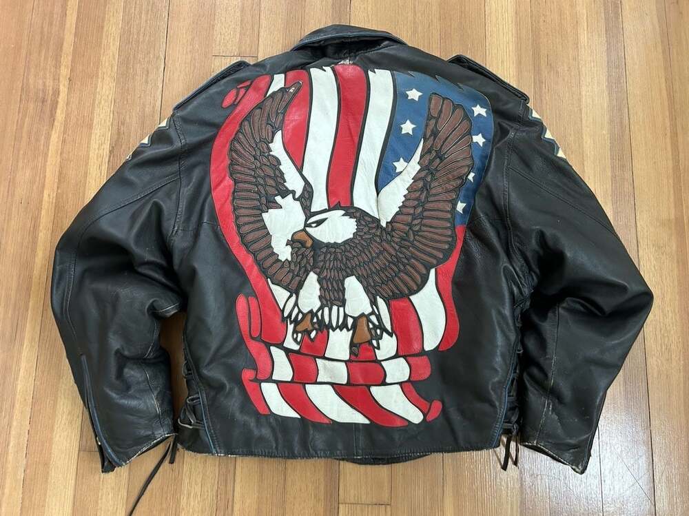 Vintage Vilanto Leather Jacket Mens XL Eagle American Flag Graphic Biker Coat